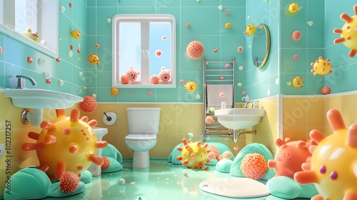 3D cartoon germs spread everywhere in various corners of the bathroom. photo
