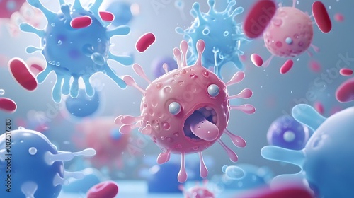 3D cartoon germs in the bloodstream making a fierce face , Infection in the bloodstream photo