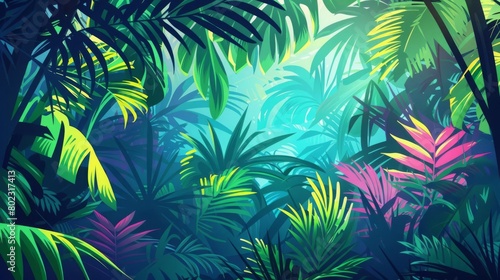 Horizontal landscape of tropical jungle Panoramic view of dense forest with palms and lianas Exotic colorful scenery of green rainforest with foliage plants Colored flat vector illustration