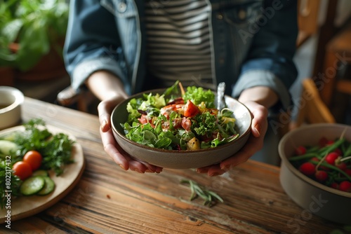 Person holding a bowl of fresh mixed salad with diverse vegetables, symbolizing healthy eating and lifestyle