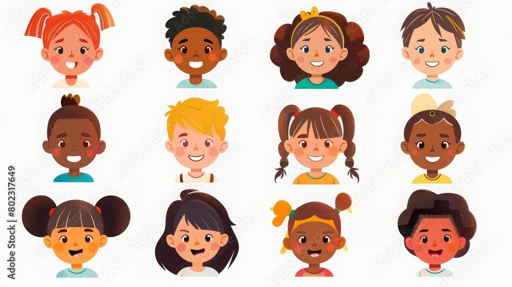 Set of children avatars Bundle of smiling faces of boys and girls with different hairstyles, skin colors and ethnicities Colorful flat vector illustration isolated on white background Set of children avatars Bundle of smiling faces of boys and girls with different hairstyles, skin colors and ethnicities Colorful flat vector illustration isolated on white background