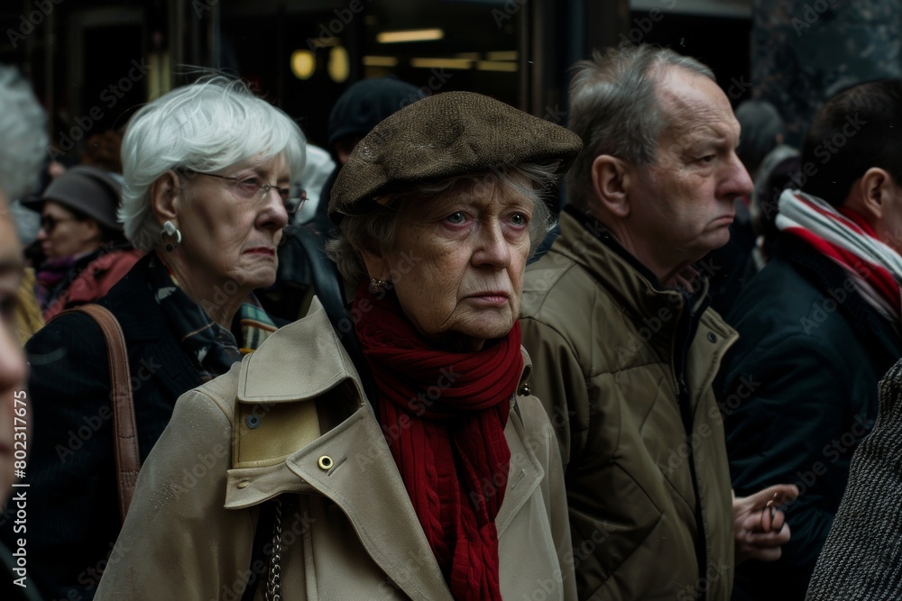 An elderly woman in a beret and a red scarf on the street An elderly woman in a beret and a red scarf on the street
