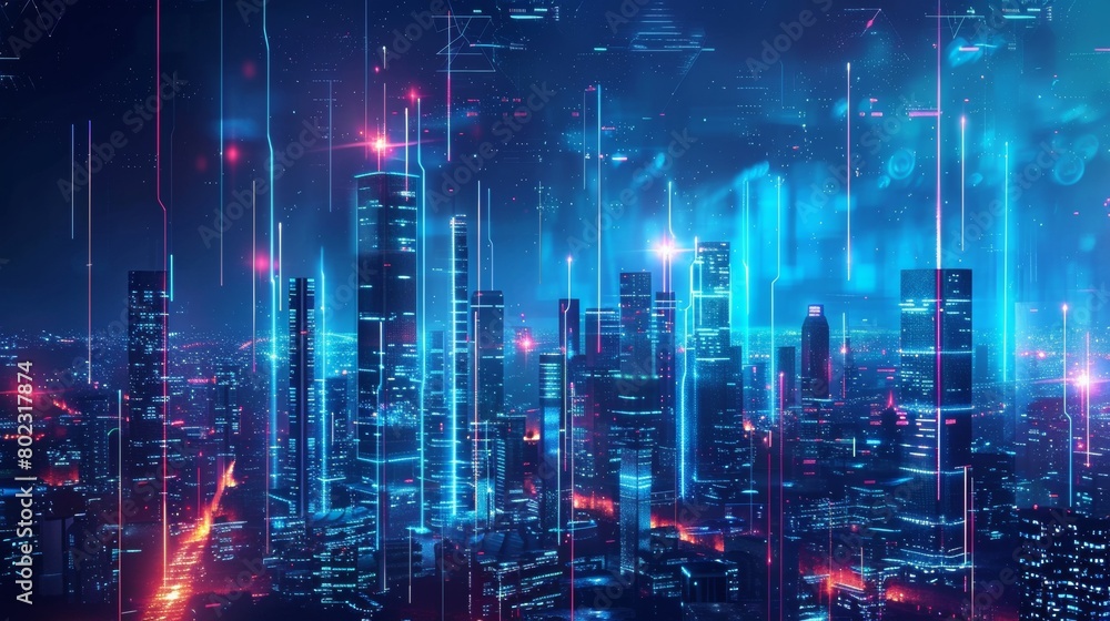 Fototapeta premium cityscape with space and neon light effect. Modern hi-tech, science, futuristic technology concept. Abstract digital high tech city design for banner background