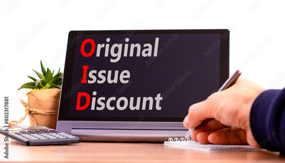 OID original issue discount symbol. Concept words OID original issue discount on beautiful black tablet. Beautiful white background. Business OID original issue discount concept. Copy space. OID original issue discount symbol. Concept words OID original issue discount on beautiful black tablet. Beautiful white background. Business OID original issue discount concept. Copy space.