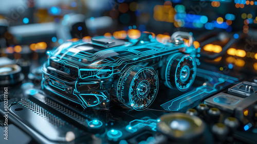 3D rendering of an electric car on a mother board.dng © PUKPIK