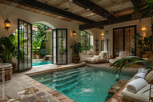 An intimate indoor pool surrounded by plush seating and soft lighting, offering a private sanctuary for relaxation and leisure.