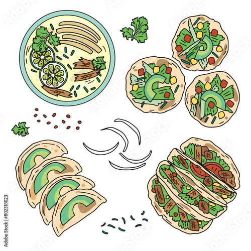 color drawings Mexican food set