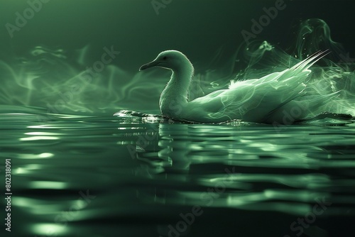 Beautiful swan swimming in water with green smoke on the background photo