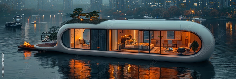 Obraz premium Modern houseboats amidst bustling urban landscapes: Where innovation meets city living.