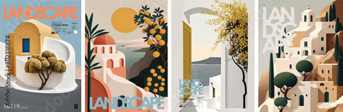 Stunning collection of nature and resort-themed illustrations, capturing serene landscapes with architectural elements in warm, inviting colors