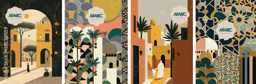 Artistic illustrations of Arabic cities and ornamental designs, showcasing the vibrant architecture and rich cultural patterns #802319059