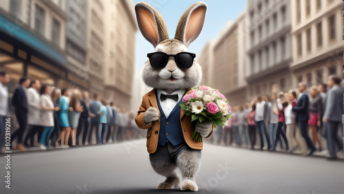 There is a cute rabbit  and it looks like it is wearing a jacket and sunglasses like a human. It is walking through a crowded city holding a bouquet of flowers and looking at the clock to propose.