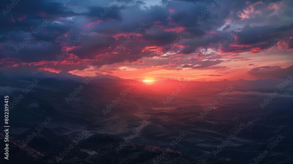A dramatic evening sky unfolds over a mountain valley, with layers of clouds illuminated by the setting suns fiery glow, realistic cinematic color high detail landscape background A dramatic evening sky unfolds over a mountain valley, with layers of clouds illuminated by the setting suns fiery glow, realistic cinematic color high detail landscape background