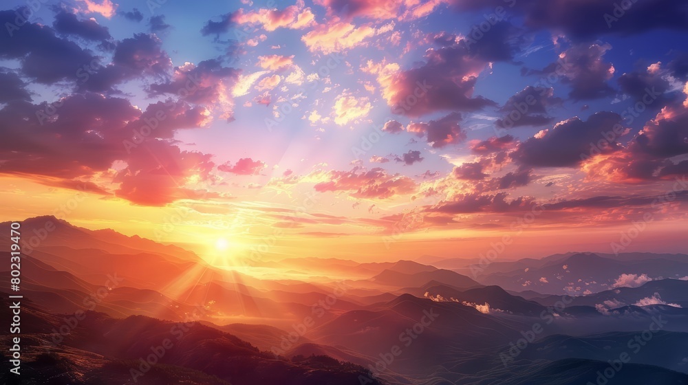 A dramatic evening sky unfolds over a mountain valley, with layers of clouds illuminated by the setting suns fiery glow, realistic cinematic color high detail landscape background A dramatic evening sky unfolds over a mountain valley, with layers of clouds illuminated by the setting suns fiery glow, realistic cinematic color high detail landscape background