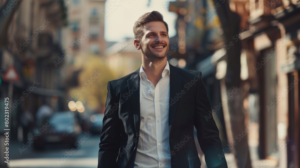 portrait of a handsome smiling young businessman boss in a black suit walking on a city street to his company office. blurry street background, confident portrait of a handsome smiling young businessman boss in a black suit walking on a city street to his company office. blurry street background, confident