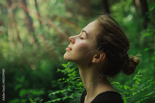 A woman breathes in fresh air with her eyes closed and looks up at the green trees behind her  enjoying nature s tranquility and feeling of well-being