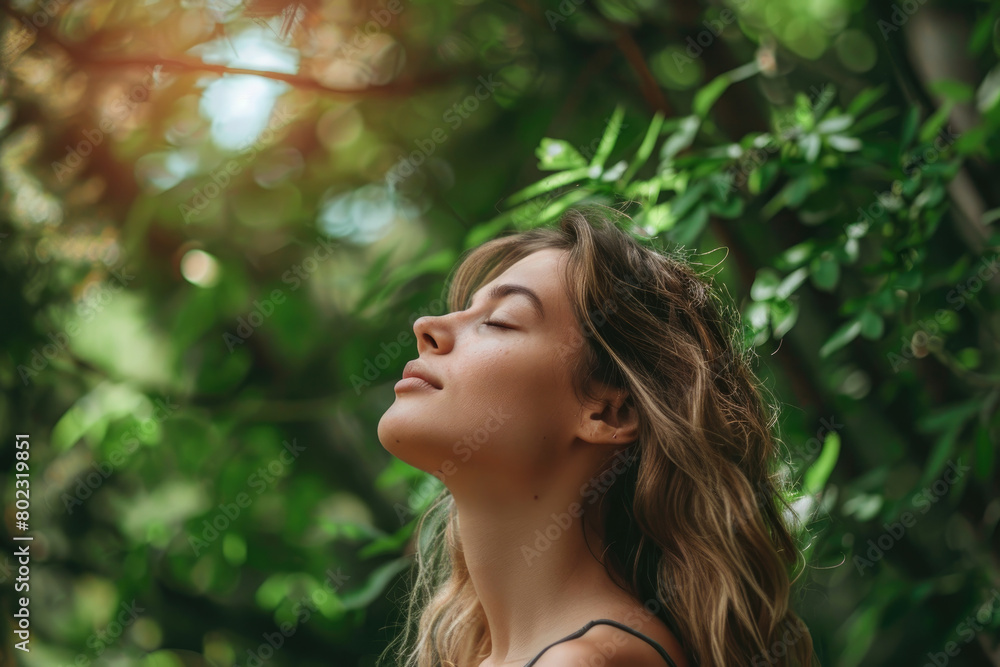 A woman breathes in fresh air with her eyes closed and looks up at the green trees behind her, enjoying nature's tranquility and feeling of well-being