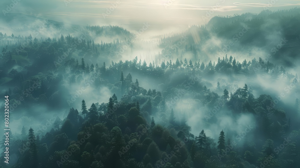 Naklejka premium An aerial view captures the sprawling beauty of a misty mountain landscape at twilight