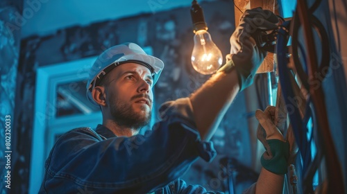 An electrician is installing or repairing a light bulb. photo