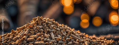 an image featuring a heap of biomass wood pellets with a woodpile in the background, emphasizing alternative energy sources. photo