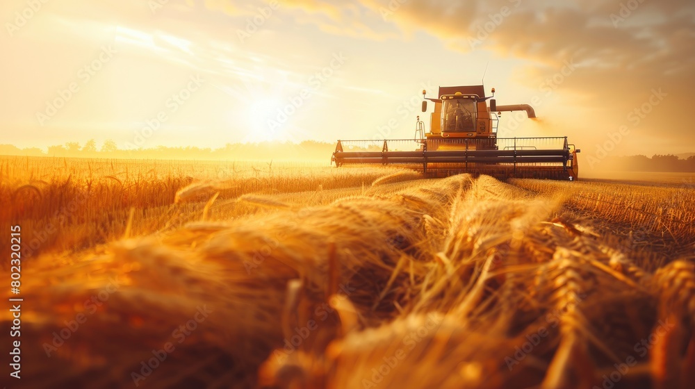 Golden Harvest Dance: Combine Cutting Through Ripe Grain Fields Golden Harvest Dance: Combine Cutting Through Ripe Grain Fields