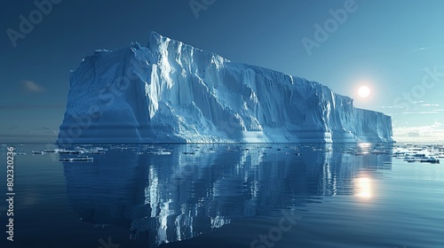 Artistic 3D model of an iceberg under moonlight showing translucent textures and reflective water surfaces