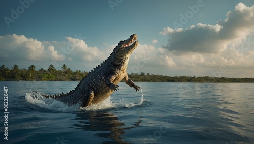 A crocodile jumps from the top of the sea