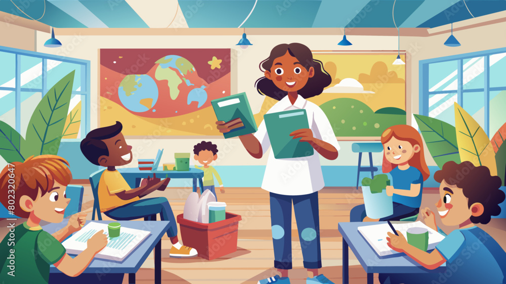 Joyful Teacher Engaging Young Students in a Colorful Classroom Environment Plastic Bag Free Day Joyful Teacher Engaging Young Students in a Colorful Classroom Environment Plastic Bag Free Day
