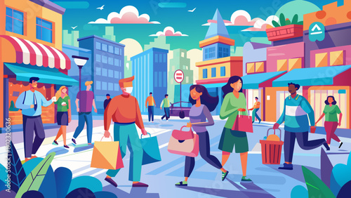 Vibrant Shopping District Scene with Diverse Pedestrians and Colorful Stores Plastic Bag Free Day