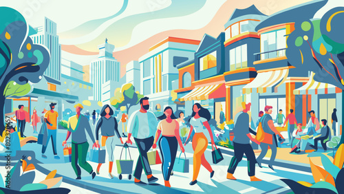 Bustling Urban Street Scene with Diverse Pedestrians and Modern Cityscape Plastic Bag Free Day
