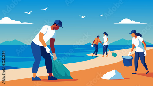Volunteers Cleaning Litter on Sunny Beach Shoreline Plastic Bag Free Day