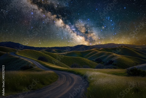A road winding around grassy hills with a view of the Milky Way and stars in the sky in Del Valle near Livermore, California. photo
