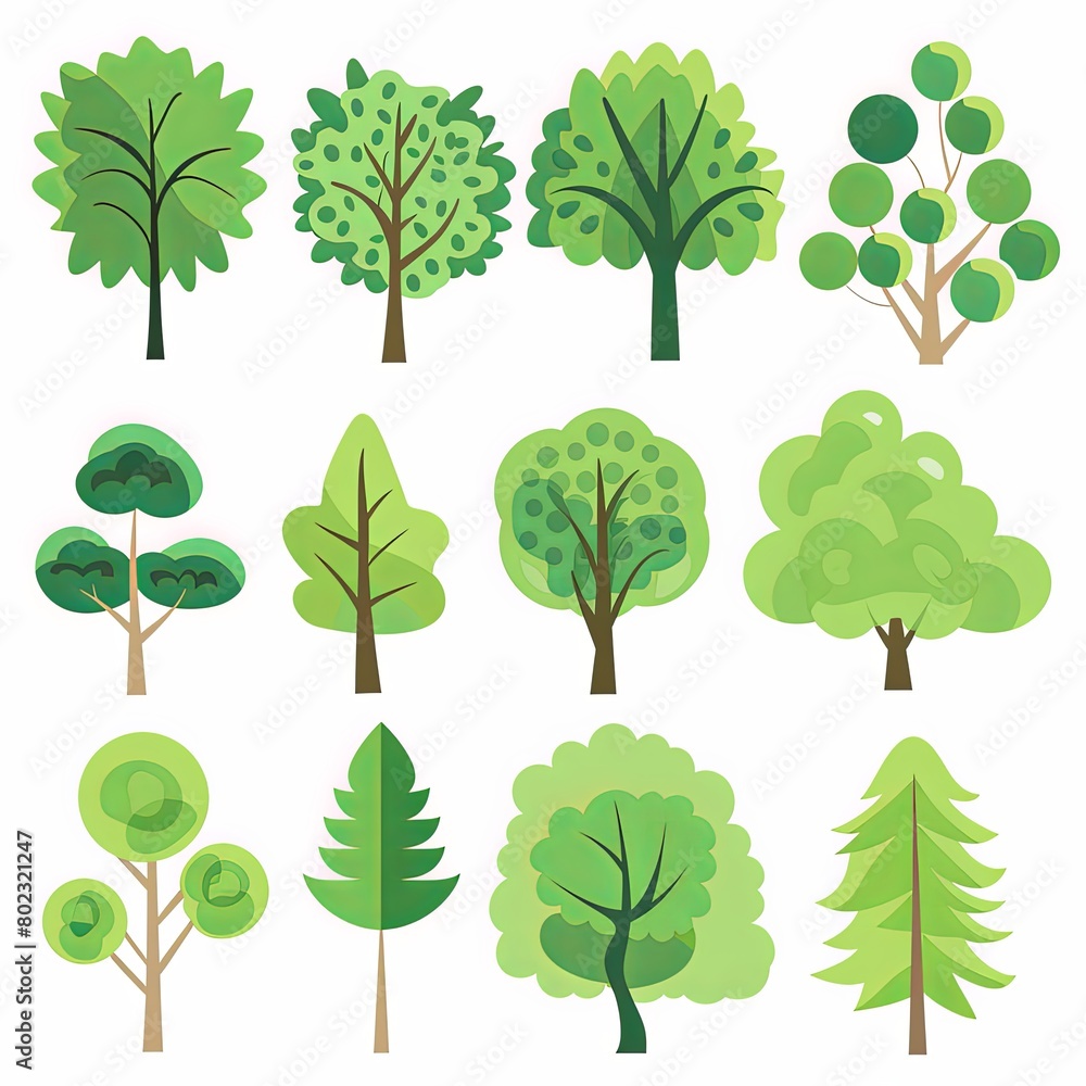 Fototapeta premium A set of green trees in a flat style design vector illustration on a white background