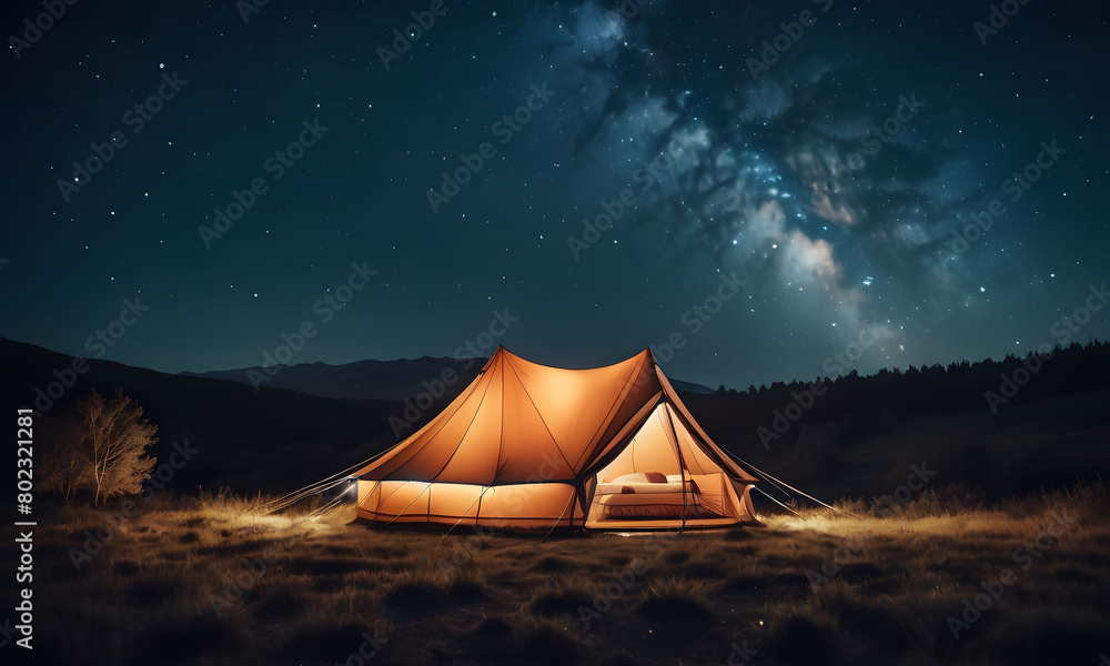 a tent is lit up at night under a starry sky