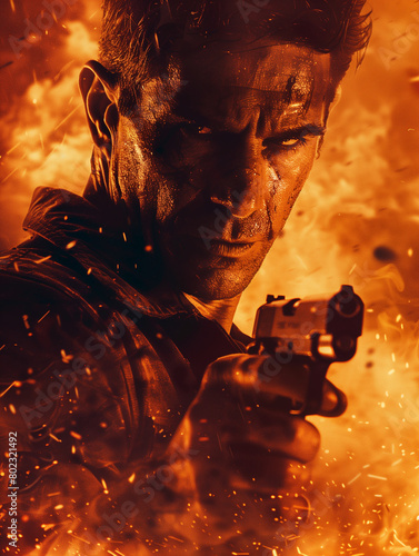 a man with a gun against a background of fire, an action movie poster photo