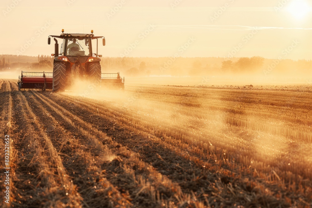 Fototapeta premium Golden Harvest Dance: Combine Cutting Through Ripe Grain Fields