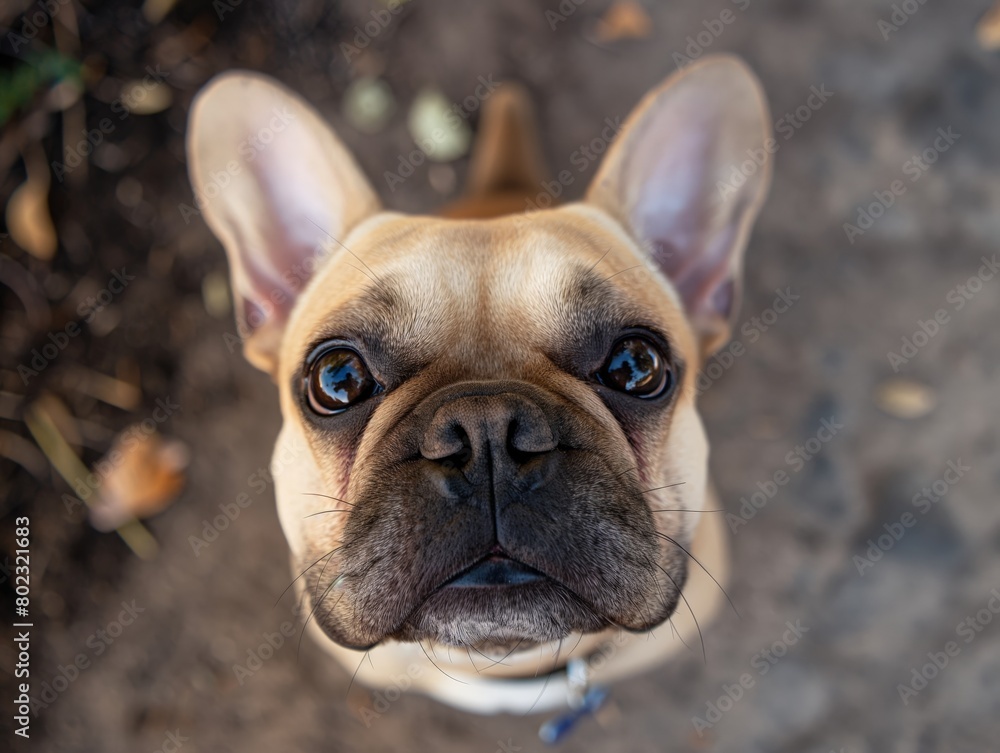 Close-up of a charming French Bulldog looking up with big expressive eyes and a head-tilt, conveying curiosity and playfulness.
