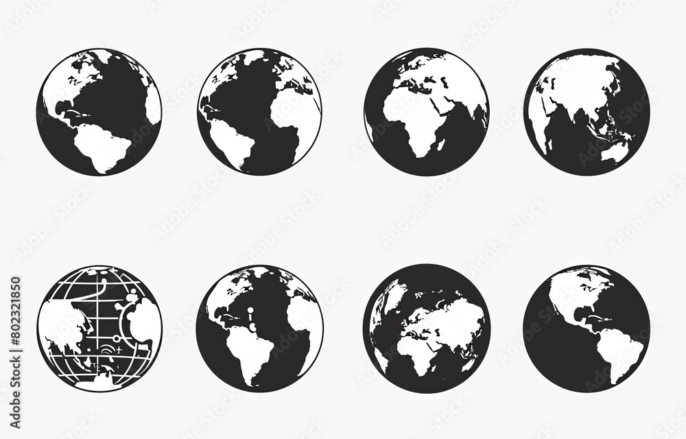 Set of black and white vector globe icons