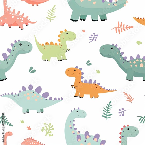 Seamless pattern with cute dinosaurs in soft colors © GIFTE