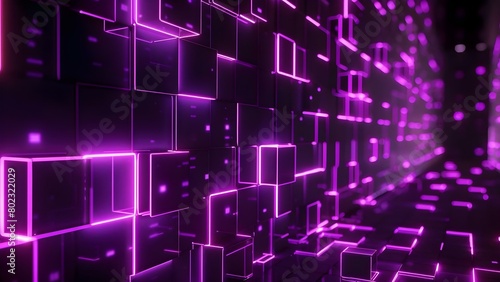 Symbolism of Advanced Blockchain Data Security: Neon Purple Squares on Black Background. Concept Blockchain Security, Neon Purple Squares, Data Protection, Symbolism, Advanced Technology