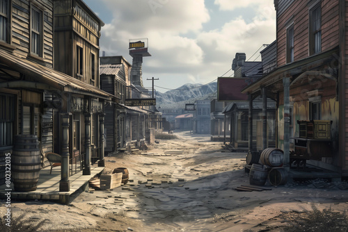 an empty street in the old town in the wild West with wooden buildings