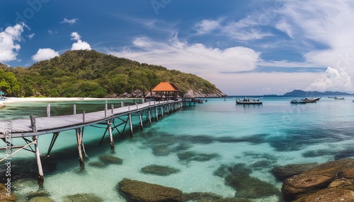 Beautiful blue sea and sky with pier in island  panoramic view of tropical beach resort graphic background for website