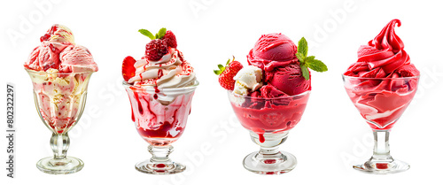 Set of isolated sundaes ice cream frozen with fruit on white