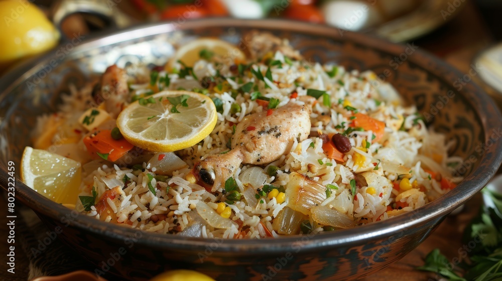 The cuisine of Bahrain. Mahbus is fish or meat with rice.