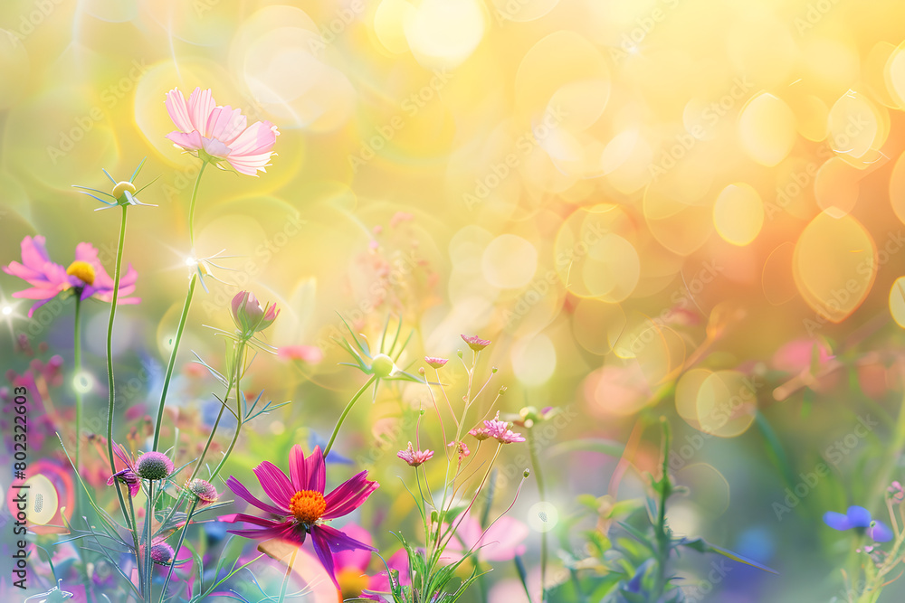 Colorful flower meadow with sunbeams and bokeh lights in summer - nature background banner with copy space - summer greeting card wildflowers spring concept. Colorful flower meadow with sunbeams and bokeh lights in summer - nature background banner with copy space - summer greeting card wildflowers spring concept.
