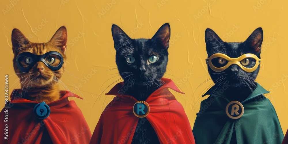 Fototapeta premium Three Red cats superheroes in a mask and cape. Cat in a mask on a yellow background