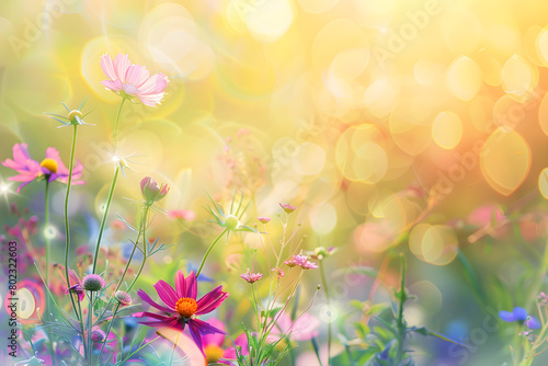 Colorful flower meadow with sunbeams and bokeh lights in summer - nature background banner with copy space - summer greeting card wildflowers spring concept.