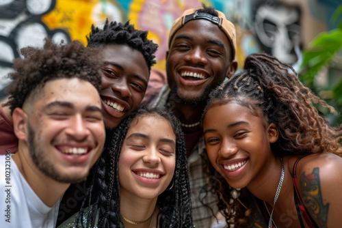 Group of diverse friends smiling and looking at camera in the city.