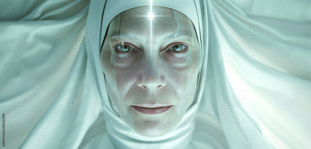 An elderly saint with luminous energy predicts the future and removes damage. Supernatural power concept. An elderly saint with luminous energy predicts the future and removes damage. Supernatural power concept.