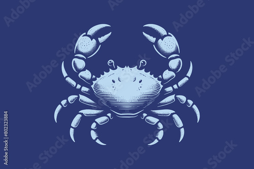 Crab. vintage vector engraving illustration. Sketch  emblem. Isolated object. On a blue background.